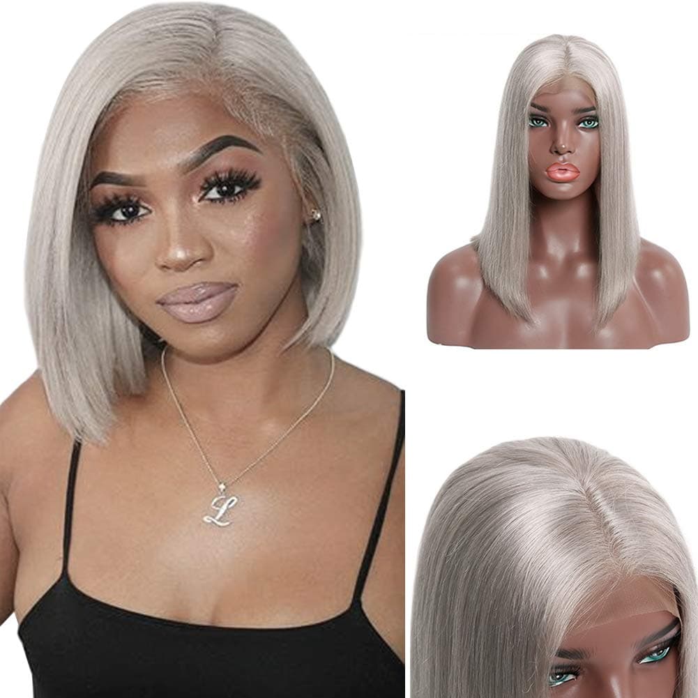 Short Bob Lace Front Wig 13x6 Deep Part Grey Human Hair Glueless Lace Bob Wig for Black Women Pre Plucked Bleached Knots 150% Density Brazilian Virgin Hair Straight Colored Bob Wig with Baby Hair 8"