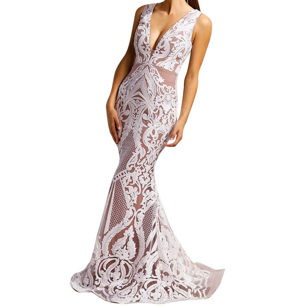 Womens Sleeveless V-Neck Split Long Maxi Elegant Slim Style Evening Party Dress (White, L)