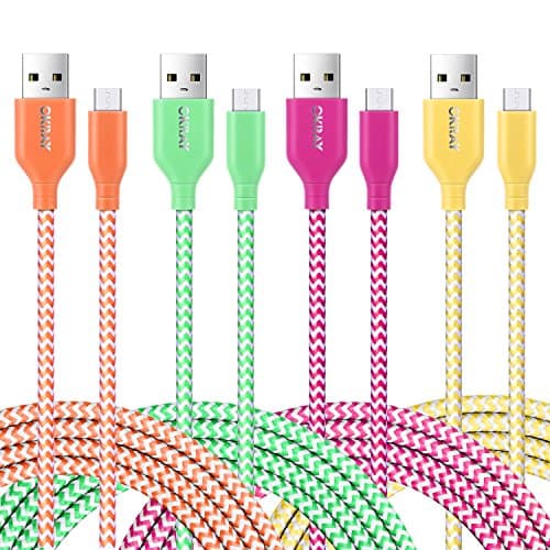 OKRAY 4 Pack 6ft 1.8M Braided Nylon Tangle-Free Micro USB 2.0 Charge Cable Charger High Speed Sync Charging Cord Compatible Android, Samsung, HTC, Nexus, Sony, Nokia, LG(Orange Green Yellow Hot-Pink)