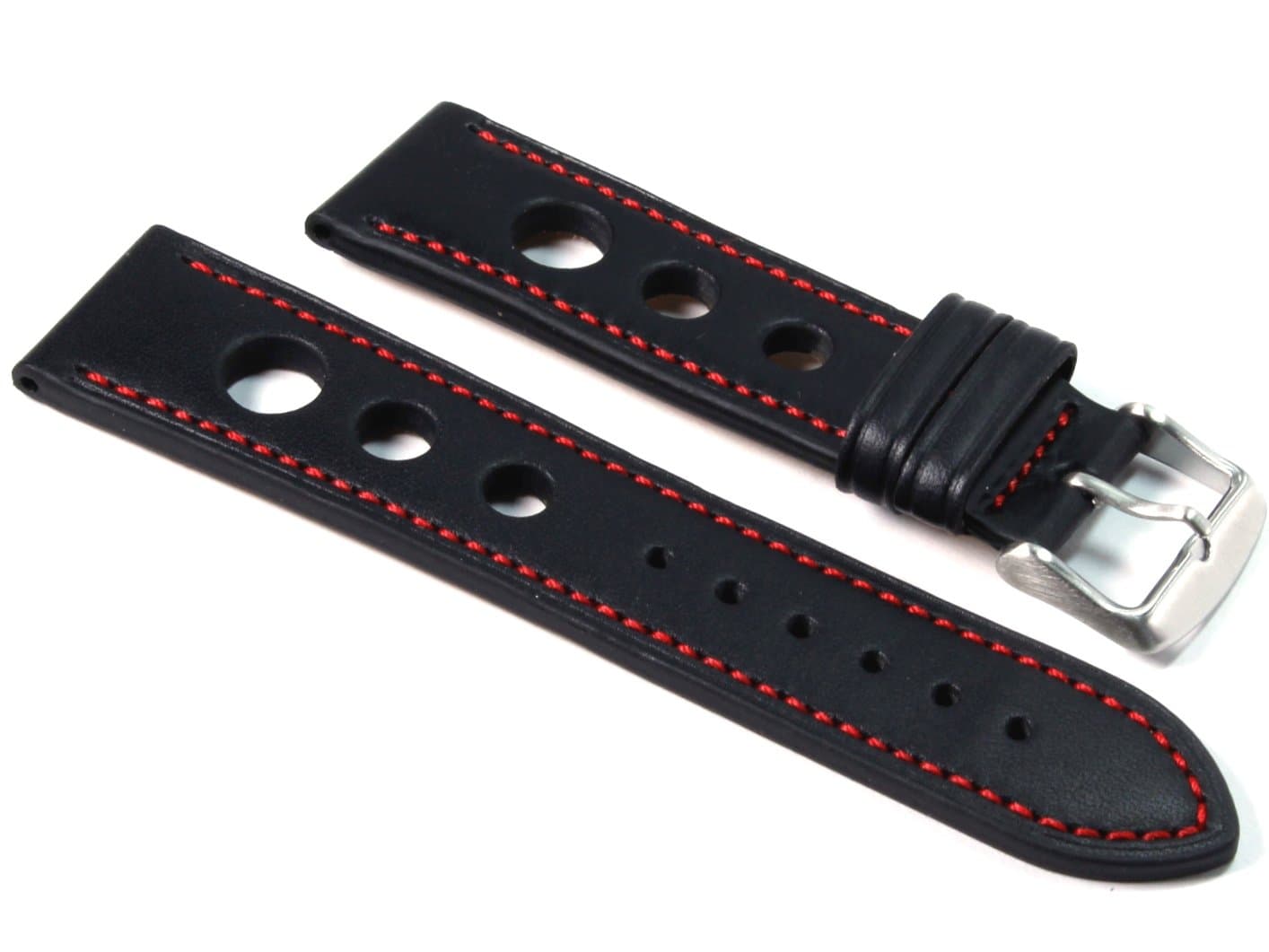 24mm Black Rally Leather Watch Strap (Red Stitching).