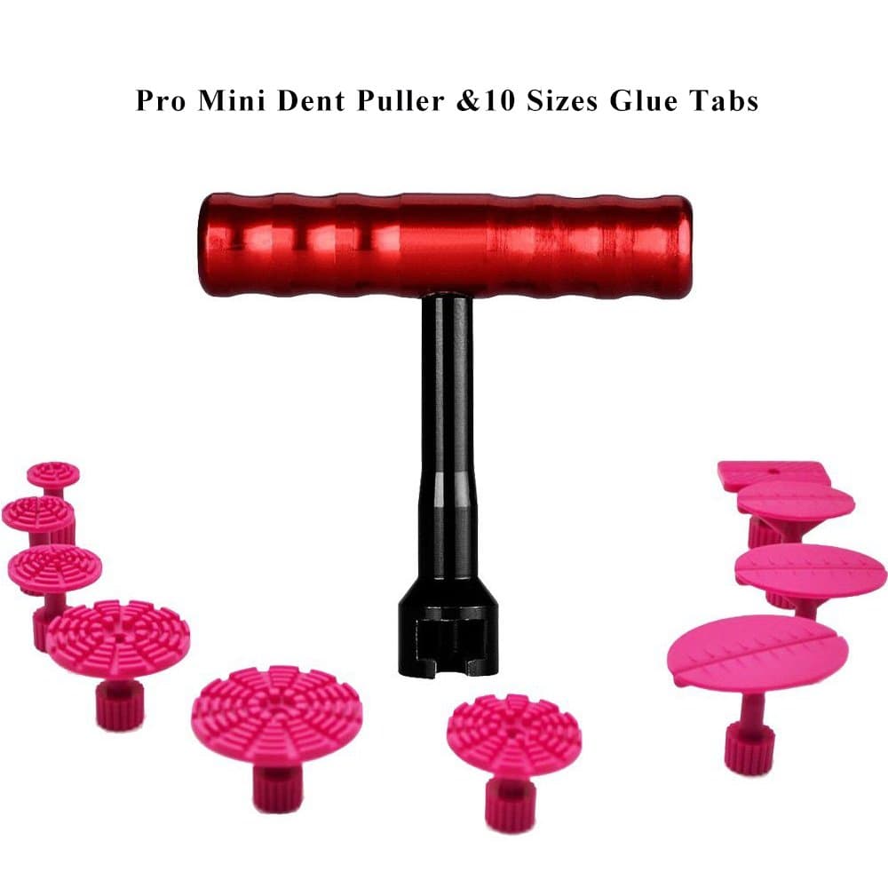 PDR Puller T-Handle,Gliston Automotive Paintless Dent Repair Tools Kit Mini Silde Hammer T-bar + 10 Different Size Red PDR Glue Tabs for Car Dent Removal