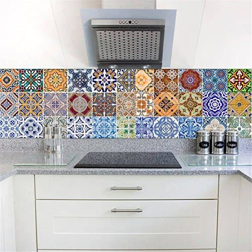 NewKingStar Backsplash Ceramic Tile Sticker Peel and Stick Mural Wallpaper Decorative Stair Decals Stickers Talavera Mexican Tile Decals for Kitchen Bathroom Staircase Stairs Stickers 18x100cmx6 PCS
