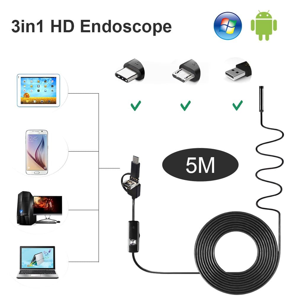 USB Endoscope 3 in 1 USB-C Type-C Inspection Camera 1200P HD Scope Borescope Semi-Rigid Snake Camera IP68 Waterproof with 8 Adjustable Led Lights for Android Phone Tablet,PC- 5M/16.4FT