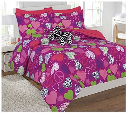 8 Piece Full Size Zebra Love & Peace Comforter and Sheet Set with Bonus Stuffed Animal