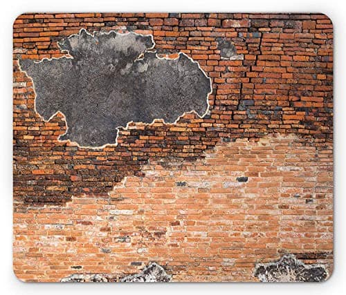 Brick Wall Mouse Pad, Cracked Concrete Vintage Brick Wall Grunge Style Ruined Grunge Pattern Image, Standard Size Rectangle Non-Slip Rubber Mousepad, Black Tile Red