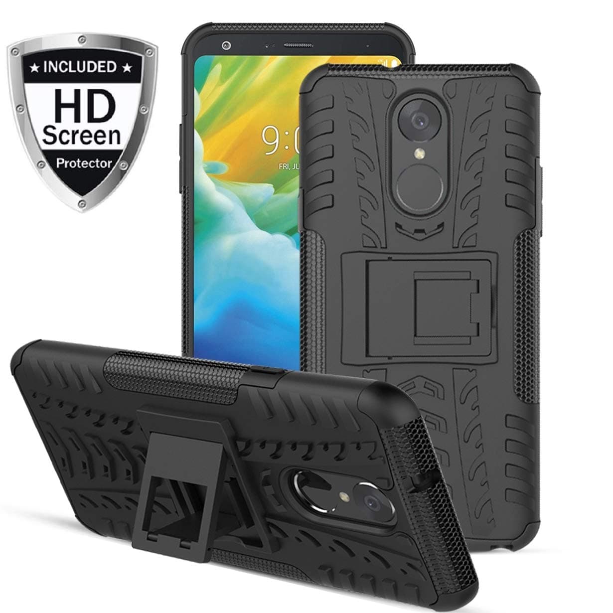 Stylo 4 Case, Stylo 4 Plus Case, Q Stylus Case,Numy Dual Layer Shockproof,Highly Protective w Kickstand Hard PC & Soft TPU Phone Case,w HD Screen Protector,Attractive Tire Appearance-Black