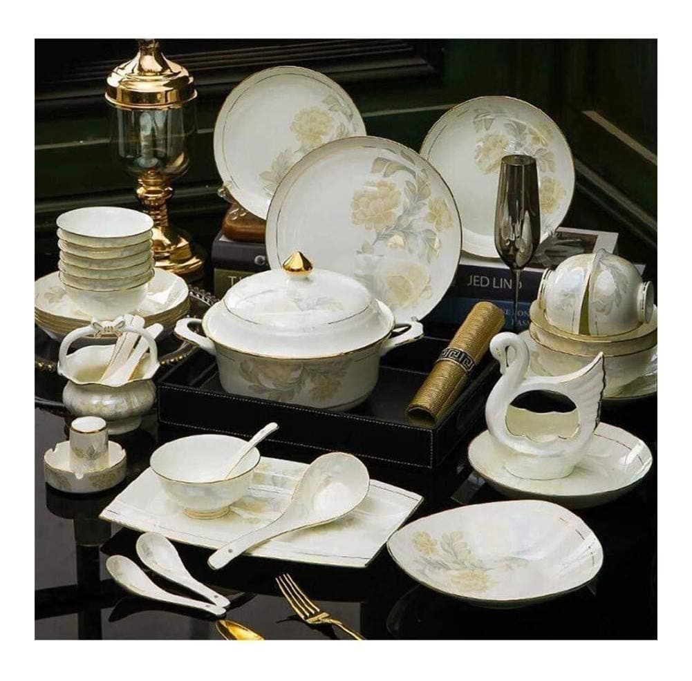 ASYCAN 60-Piece of Kitchen Bone China Dinnerware Set Tableware Set of Ivory White Porcelain, Keramikgeschirrset with Bowls, Dessert Plates, Soup Plates