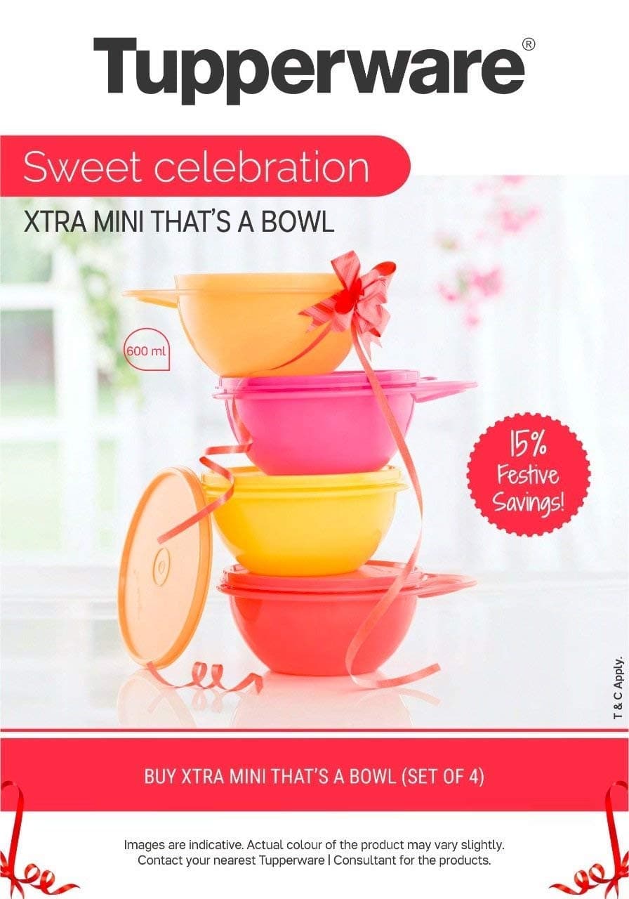 Tupperware Plastic Bowl Set With Lid- 4 Pieces, Multicolour