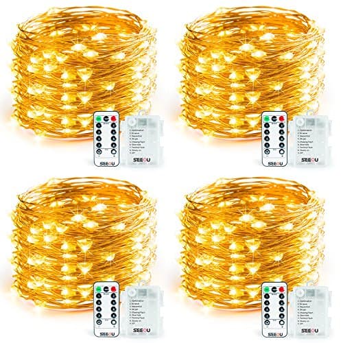 SEEOU 4 Set Fairy Lights Battery Operated String Lights with Remote 8 Modes Twinkle Lights 16.4ft 50 LED String Lights Battery Powered Firefly Lights for Christmas Wedding Party Bedroom Warm White