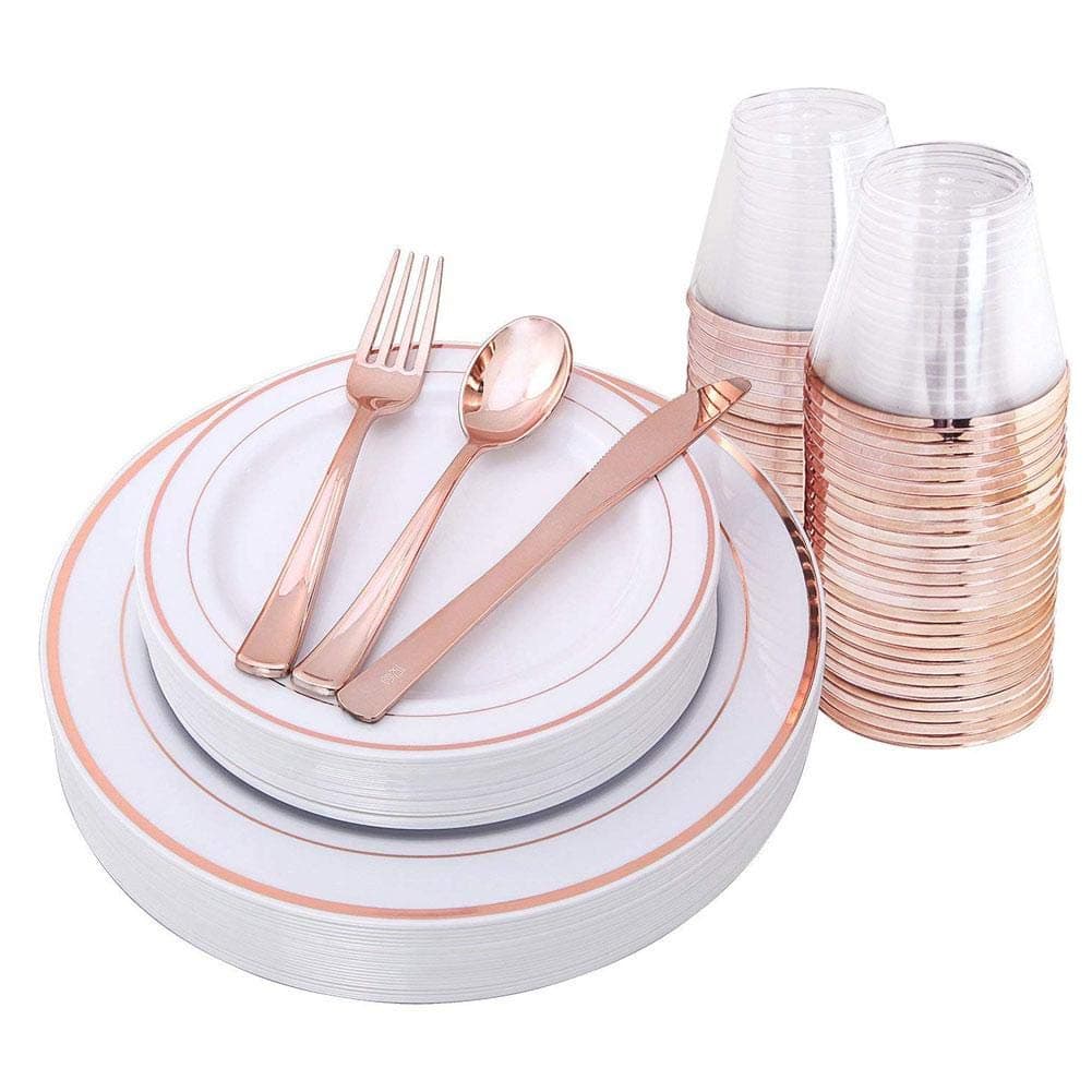 Presentimer Disposable plastic cup transparent hot rose gold cup plate spoon disposable tableware set birthday party family party supplies