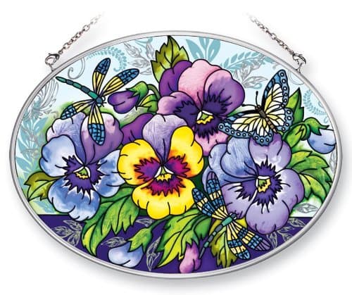 Amia 41369 Blue Pansies 7 by 5-1/2-Inch Oval Sun Catcher, Medium
