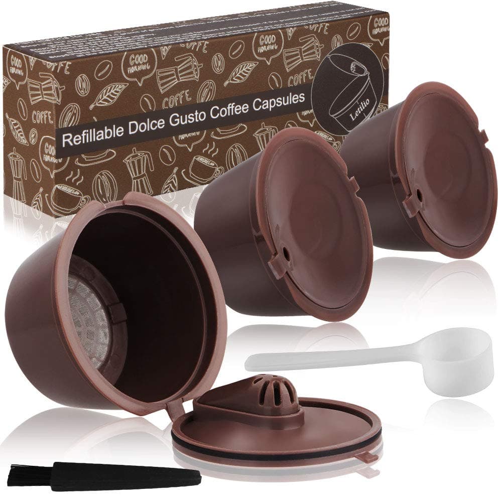 Letilio Coffee Capsule Refillable Reusable 3 pcs,Refillable Capsule Pod Compatible Filter Cups BPA Free Coffee Pods for Dolce Gusto with 1 Plastic Spoon and 1 Cleaning Brush G3