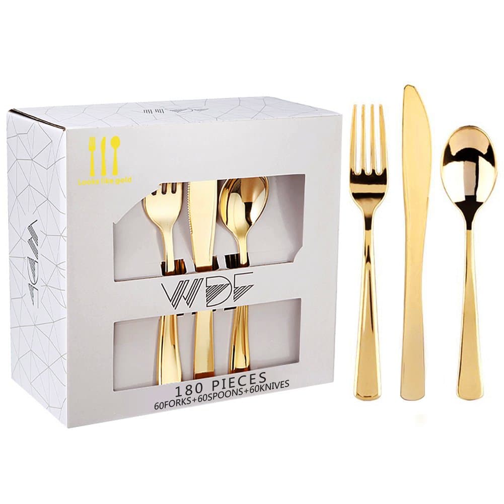 180 Pieces Disposable Plastic Gold Silverware Cutlery, Shiny Metallic Flatware 60 Forks, 60 Knives and 60 Spoons -WDF (Gold)