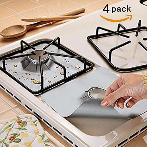 4 Pack Gas Range Protectors, HityTech Set of 4 Universal Non-Stick Washable Stovetop Protectors Re-usable Gas Hob Clean Sheet Liner Mats - Sliver