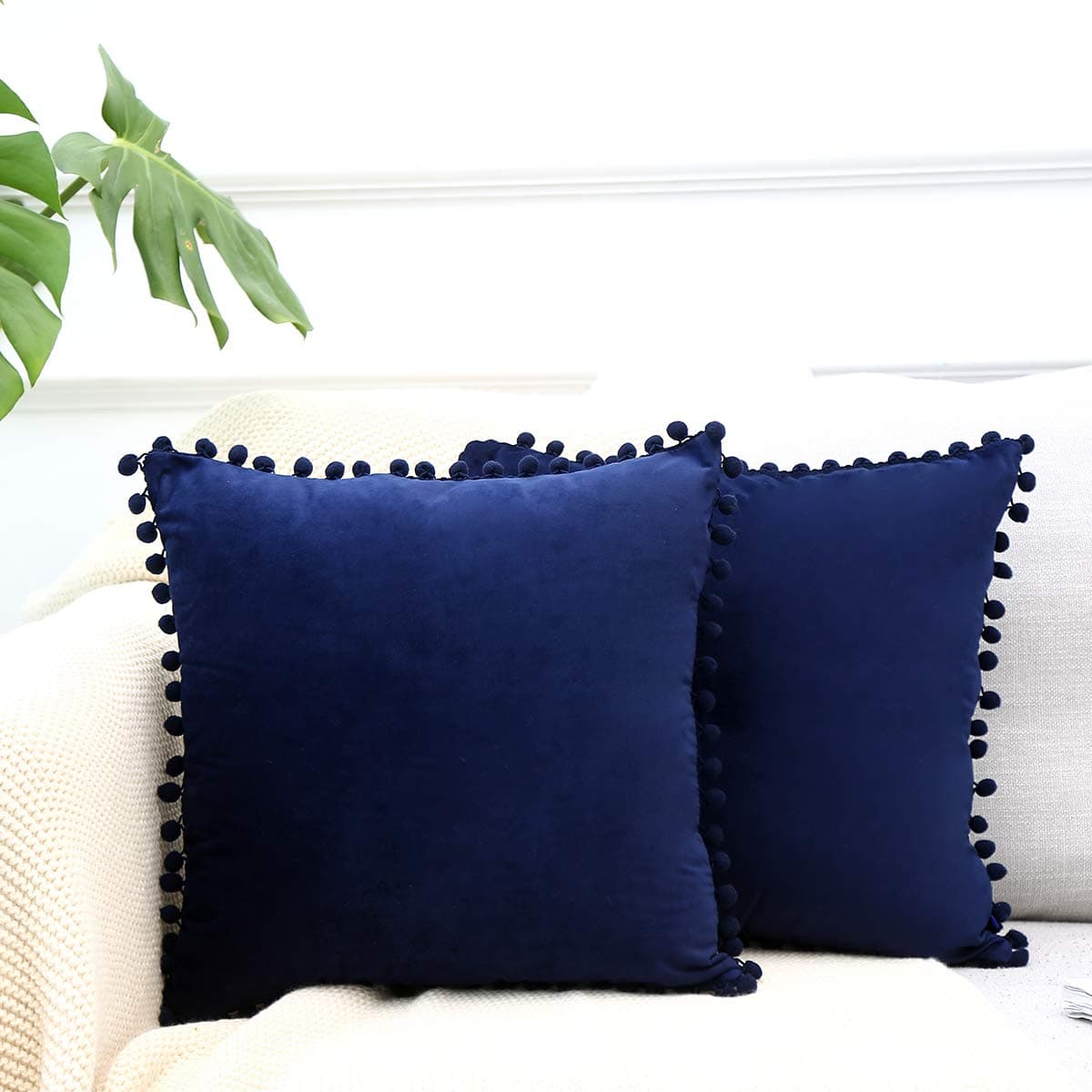 VANKYNave Blue Velvet Decorative Throw Pillow Covers with Pompoms Soft Particles Cushion Covers 18 x 18 Inch Suitable for Sofa Bedroom Couch etc,Set of 2