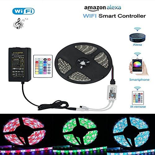 Wifi LED Lights Strip Kit work with Amazon Alexa, 16.4FT Waterproof RGBW 5050 LED Strip Light Music Light , APP Control & IR Remote Control Work with Alexa Support Timer Voice/Music Control