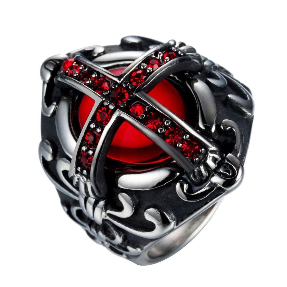 Men's Stainless Steel Vintage Ruby Red Gemstone Cross Rings Silver Black Gothic Biker Wedding Band