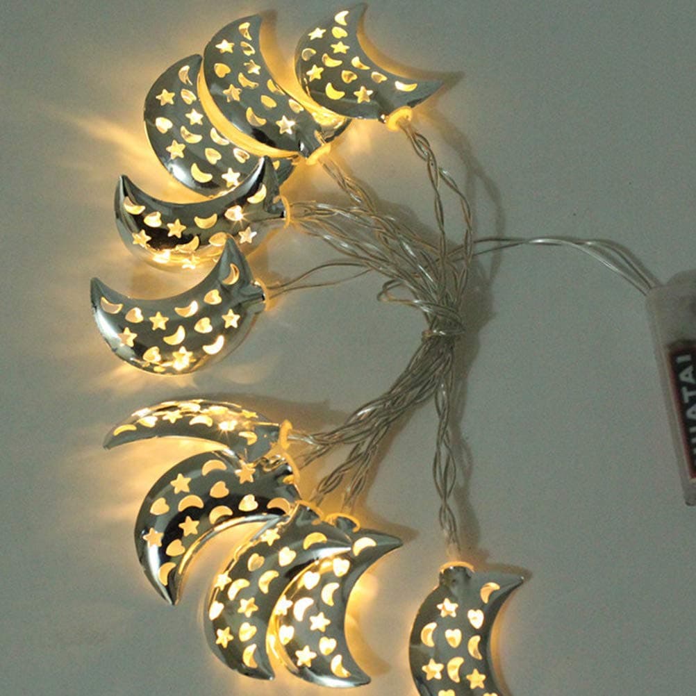 Mobestech Moon Shape Muslim Ramadan String Lights, Battery Operated 1.65m 10LEDs Decoration Fairy String Light for Festival Home Party (Silver)