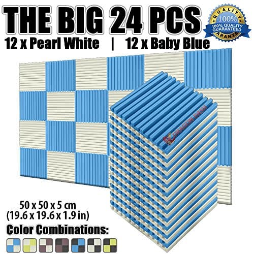 Dragon Dash 24 Pack of 19.6" X 19.6" X 1.9" Inches Pearl White and Light Blue Acoustic Soundproofing Metro Striped Foam Studio Treatment Wall Panel Tiles DD1041 (PEARL WHITE & LIGHT BLUE)