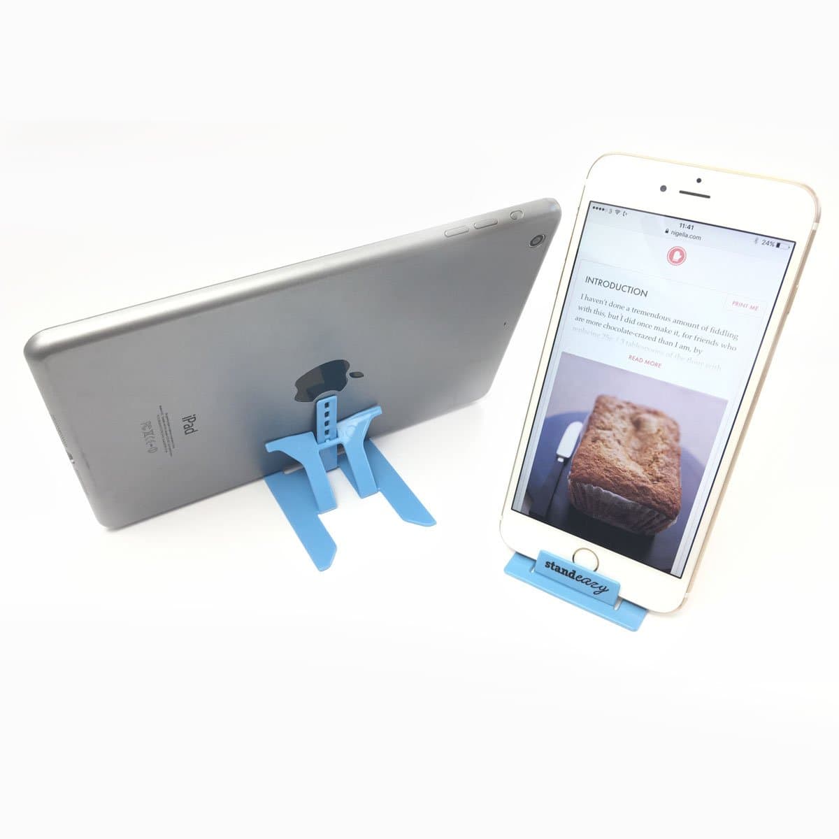 Universal foldable stand for phones, Kindle & mini tablets (Sky) – credit card sized for pockets – works with iPhone, HTC, Samsung, Motorola, Google, Nokia and more