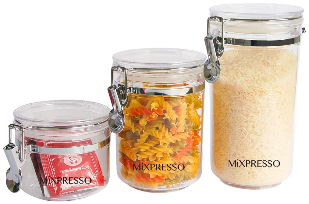 3 Piece Plastic Canisters Sets For The Kitchen, Food Acrylic Container - Food Jars Airtight Clamp Lids Clear Storage - By Mixpresso