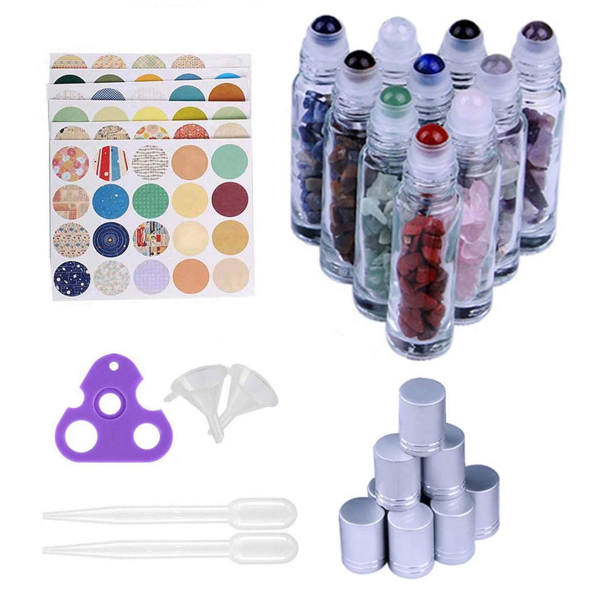 Iceyon 10pcs 10ml Gemstone Roller Bottles for Essential Oil Natural Healing Gemstone Chips Inside,Glass Roller Ball Bottles Transparent with Decorative Tops,Dropper,Opener,Funnels,160pcs Marking Label