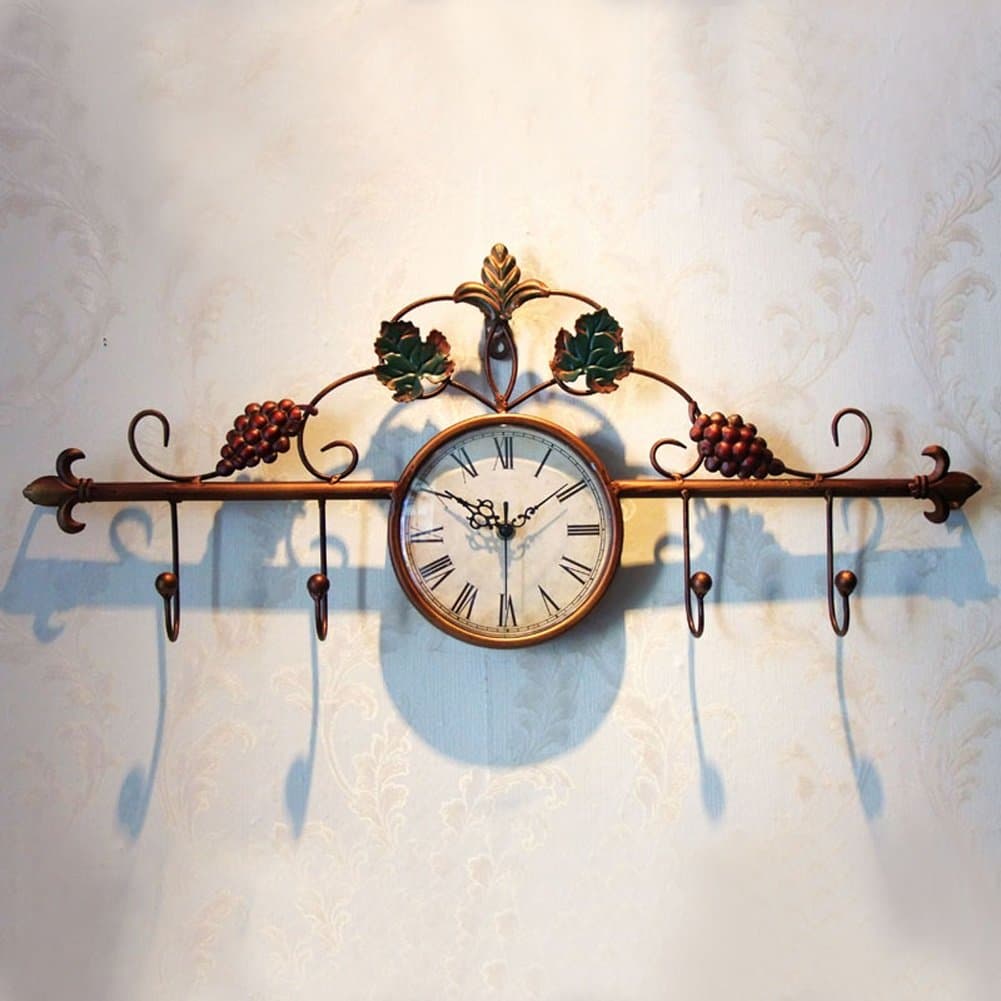 Vintage Wrought-iron Wall Clock, Hand-painted Grapevine Coat Hook, European Classical Living Room Clock (4 HOOKS) YCHAOYUE