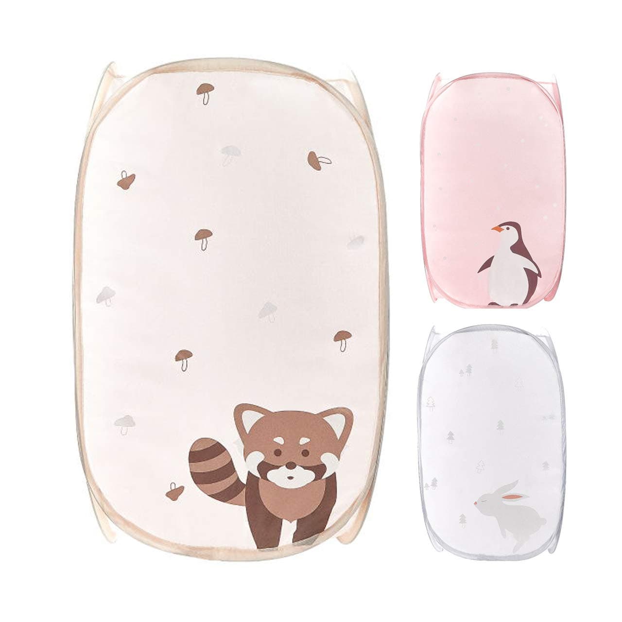 Mesh Pop-Up Laundry Basket Durable Fabric Collapsible Laundry Hamper, Cute Animal Design Storage Basket for Kids, Toys, Pets, Clothes, Nursery(Brown Raccoon)
