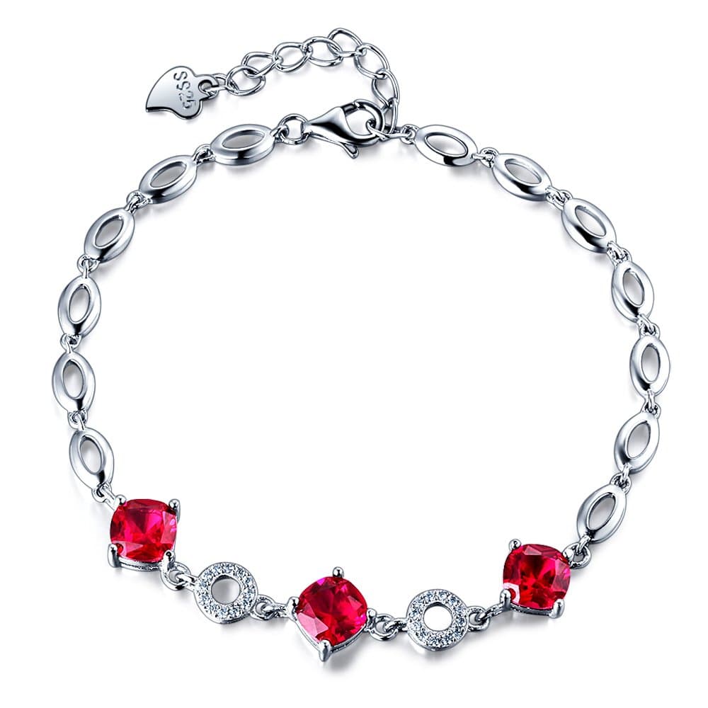 Women Bracelet 925 Sterling Silver Bracelet Square Cut Ruby with Shiny Cubic Zirconia Circle Chain Link Bracelets for Women Girls, 19.5cm/7.7"