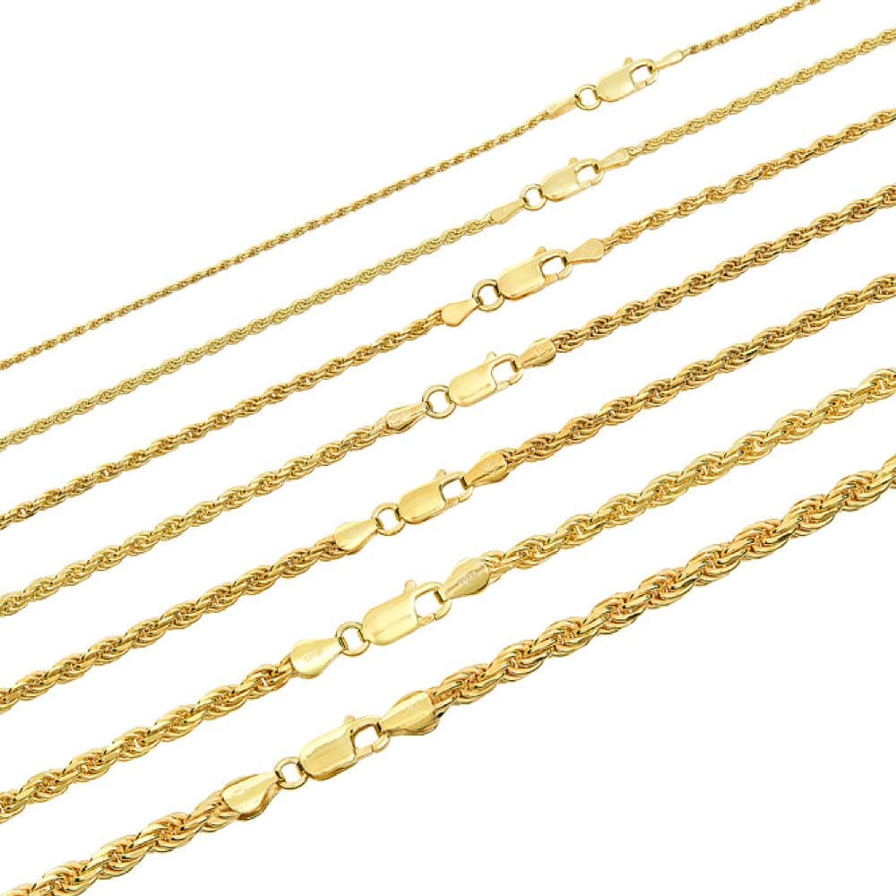 Harlembling Solid 925 Sterling Silver - 14k Gold Plated - Rope Chain - 2mm 3mm 4mm 5mm 18-30" - Great Men's Or Ladies Necklace for Pendants - Italy Made