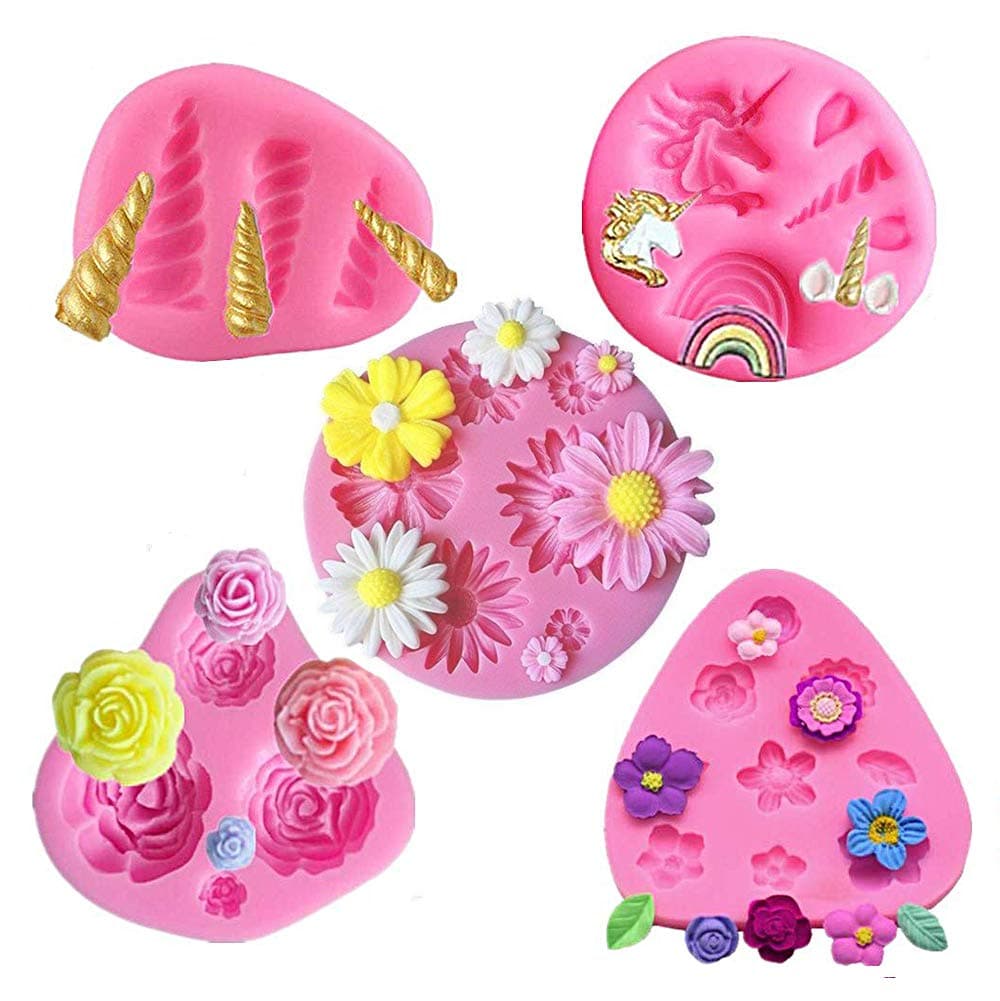 5 Pack Mini Unicorn Silicone Mold,Unicorn Ears Horn Rainbow Flowers and leaf,Silicone cake fondant mold Set,Cupcake Toppers Fondant Chocolate Mold for Children's Birthday,Baby Shower and Unicorn Theme