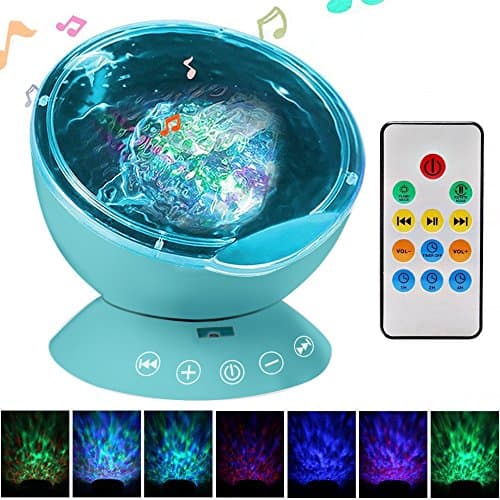 YTOM 7 Color Remote Control Ocean Wave Projector Night Light with Built-in Mini Music Player With 12 LED Beads For Kids Adults Bedroom Living Room (Blue)