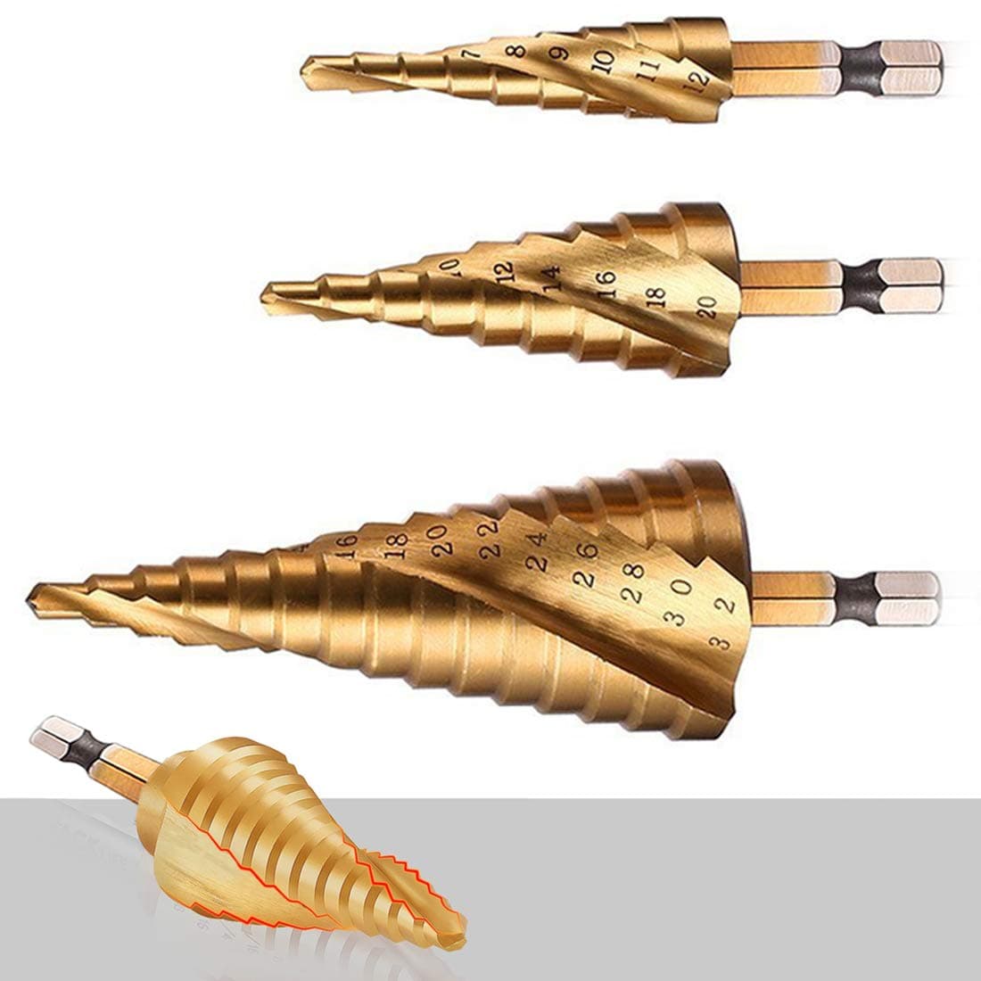 Step Drill Bit Set, High Speed Steel Titanium Coated, Spiral Grooved HSS Cone Cutter, Hex Shank, Power Tools for Wood Metal Stainless Aluminum Hole Cutter, 4mm to 12/20/32 mm (5/32" to 5/4"), 3 PCS