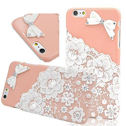 Seedan Pink Style Pearl Lace Flower Case for iPhone 6 Plus (5.5 inch) Bling Diamond Bow Design Hard Back Cover Shield Protective Skin