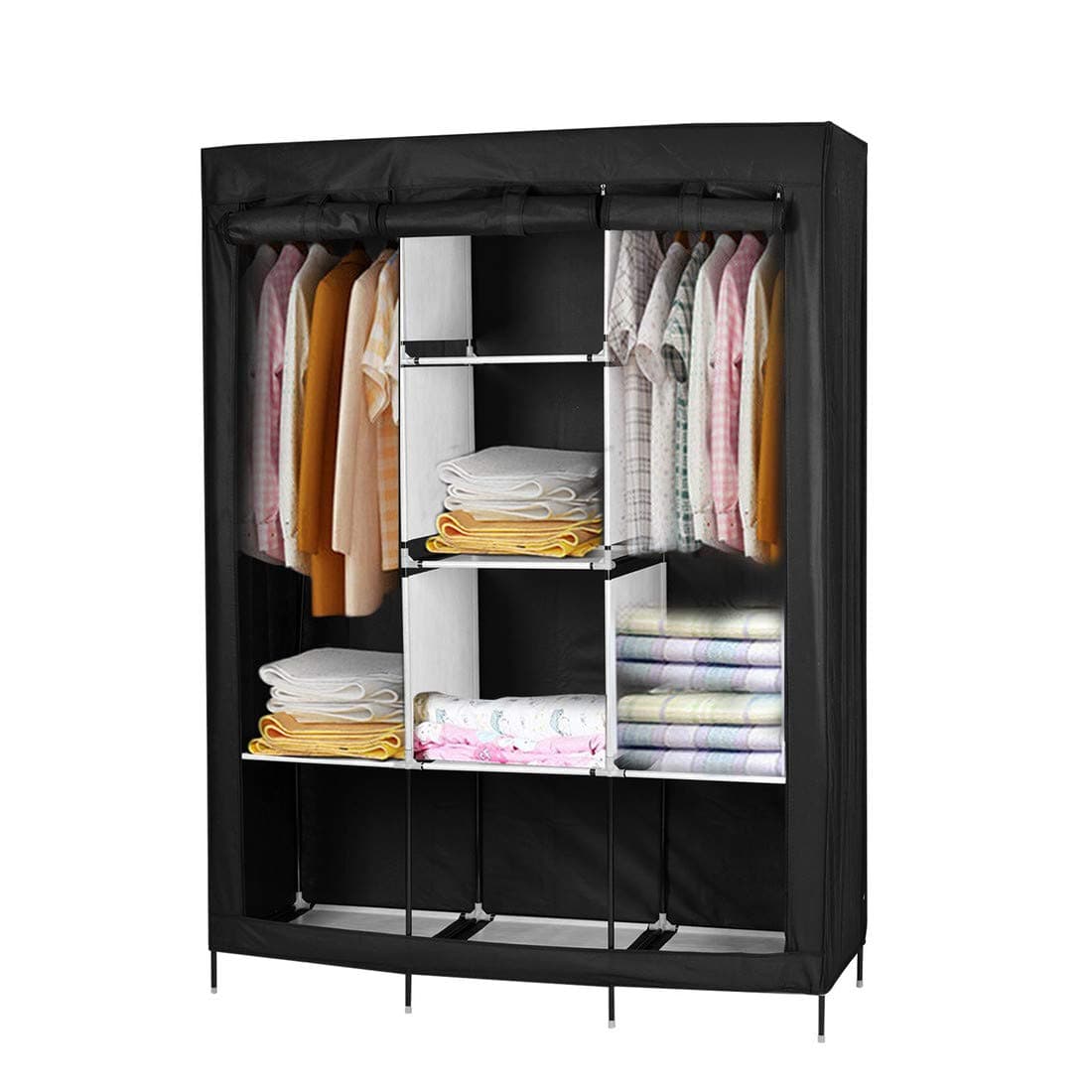 Queiting Fabric Canvas Bedroom Wardrobe Cupboard Clothes Hanging Rail Storage Shelves Black(127x47x169cm)