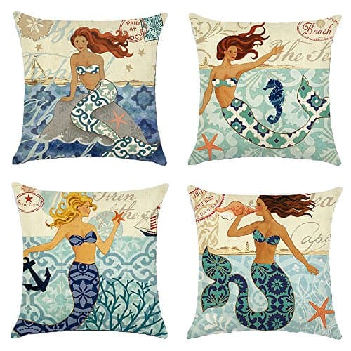 MHB Square Retro Home Décor Throw Pillow Covers Mediterranean Style Cotton Linen Accent Pillows 18x18 Inch (Pack of 4 Pieces)