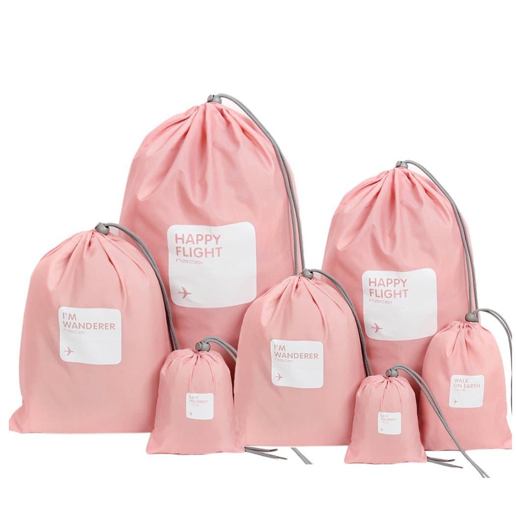 8 pcs Waterproof Drawstring Bags Set for Travel Essentials, Holidays Packing Organisers, Pink