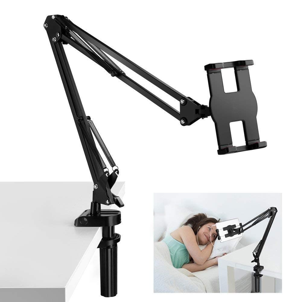 Clamp Mount Tablet Stand for iPad and iPhone, Universal 360°Rotating Flexible Aluminum Alloy Long Arm Lazy Holder Support 4-12.9 Inch Cell Phone and Tables for Bed Desktop Car Black