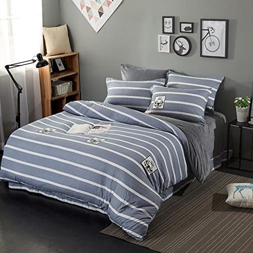 Longshien Cotton 4 Sets Printing Bedding Kit Bed Sheets Quilt Cover Pillowcase Bed four sets ( Color : Gray , Size : L )