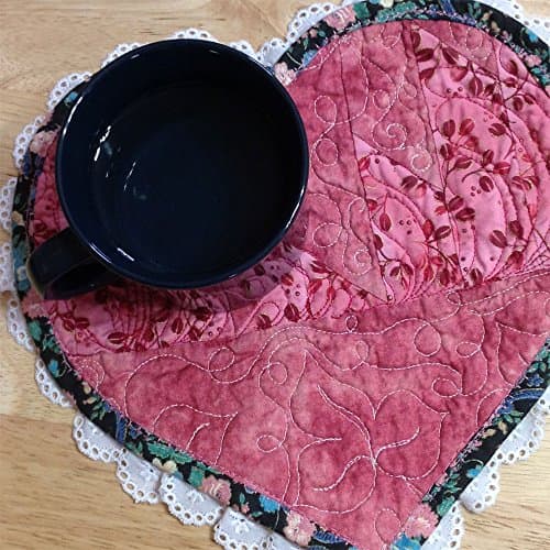 Mug Rug Victorian Styled Fabric Heart Quilted Patchwork Pieced and Lace Embellished