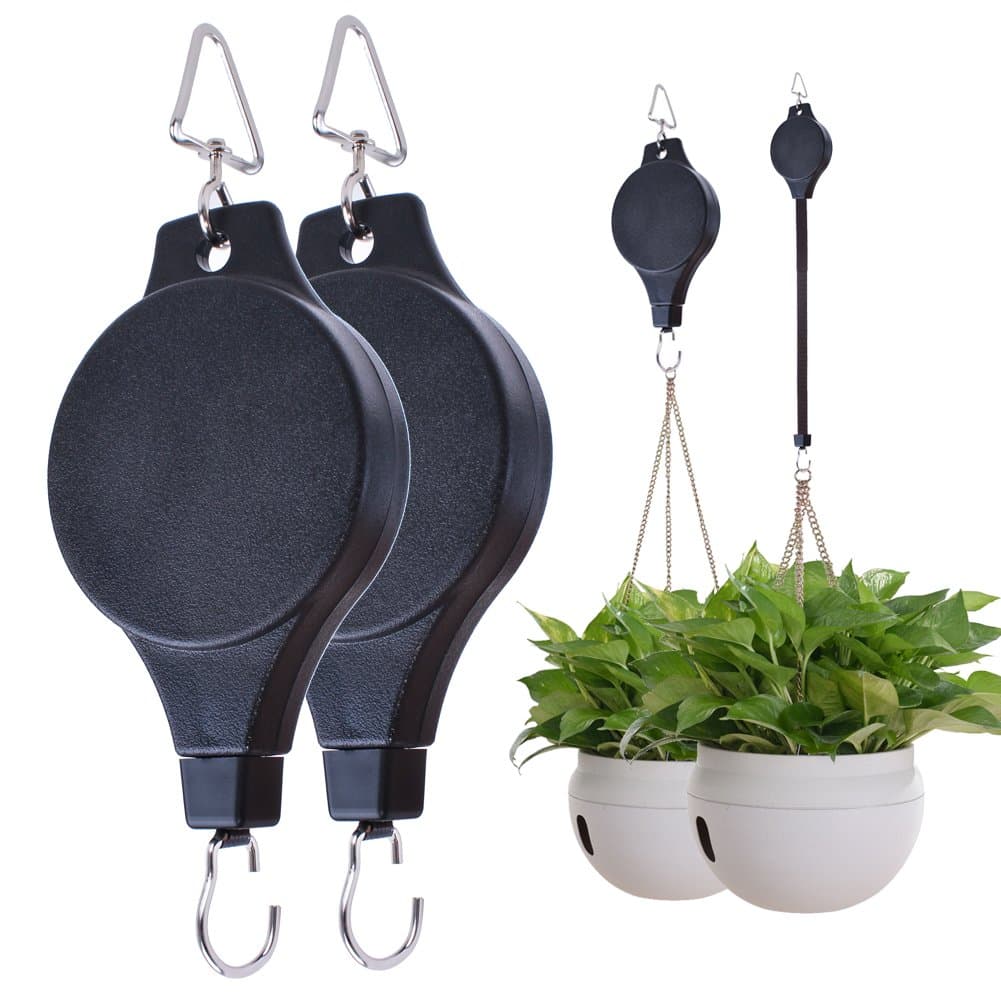 MEIWO Pull Down Hanger, 2 Packs Heavy Duty Easy Reach Adjustable Hanger Retractable Plant Pulley for Hanging Plants Pots, Flower Baskets, Birds Feeder