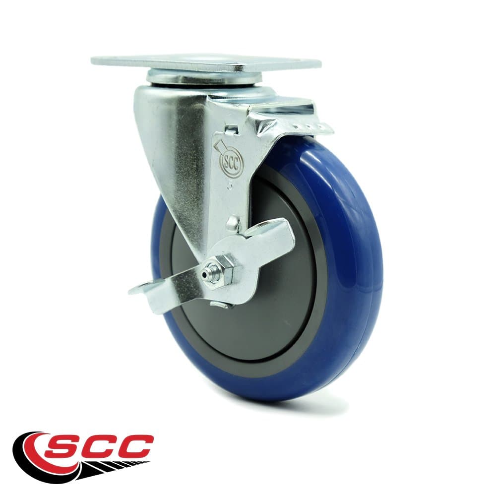Service Caster - 5" x 1.25" Blue Polyurethane Wheel Swivel Caster w/Brake Non-Marking - 300 lbs/Caster