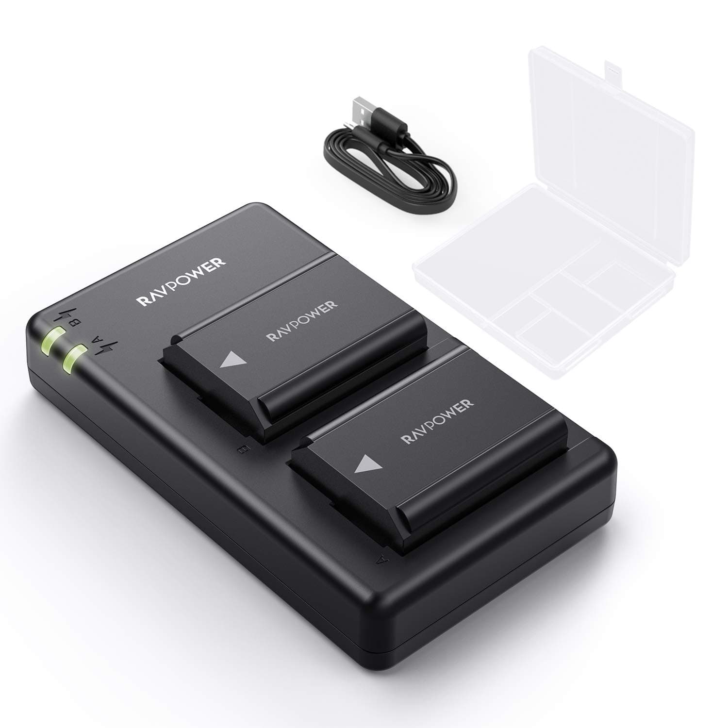 NP-FW50 RAVPower Camera Batteries Charger Set with Battery Case for Sony A6000 A6400 A6300 A6500 A7 A7II A7RII A7SII A7S A7S2 A7R A7R2 A55 A5100 RX10 (2-Pack, Micro USB Port, 1100mAh) (RP-PB056-011)