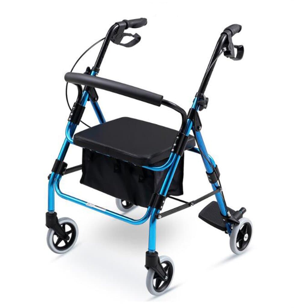 Walker Aluminium Alloy Seat Folding Rollator Four-Wheeler Pushing Old Shopping Cart, Blue