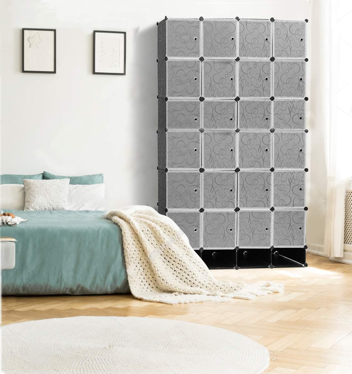 YODOLLA Wardrobe Easy Assembly DIY 24 Cube with 6 Shoe Cabinets Modern Portable Wardrobe Closet Clothes Toys Organizer Storage Space Saving Deeper Cube with Hanging Rod(210.8x157.5x45cm)