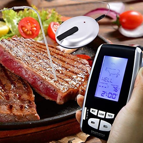 Wireless Meat Thermometer, Elinker Large LCD Digital Cooking Kitchen Food Thermometer for BBQ, Grill, Smoker or Oven Long Range Thermometer with Countdown Timer Alert with Stainless Steel Probe