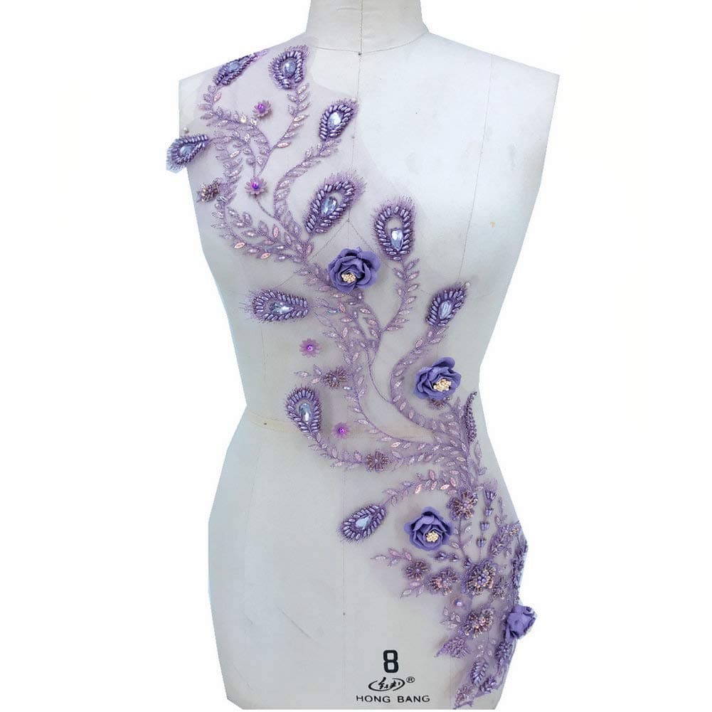 Purple 3D Flower Pearl Beaded Embroidered Glitter Decorative Patch Lace Applique Garment for DIY Wedding Decoration Bridal Dress