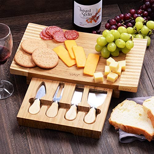 Vina Bamboo Cheese Board Set - Cheese Cutting Board Serving with Knife Set, Slide Out Storage Drawer, Portable Square Cheese Cutlery Serving Tray