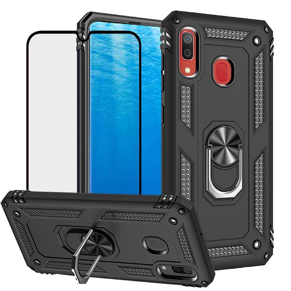 DuoLide for Samsung Galaxy A30 / A20 Case with Tempered Glass Screen Protector,Hybrid Heavy Duty Dual Layer Anti-Scratch Shockproof Defender Kickstand Armor Case Cover, Black