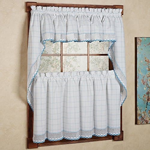 BED BATH N MORE 100-percent Cotton Classic White/ Blue Window Pane Pattern and Crotchet Trim Kitchen Curtains 24 x 60